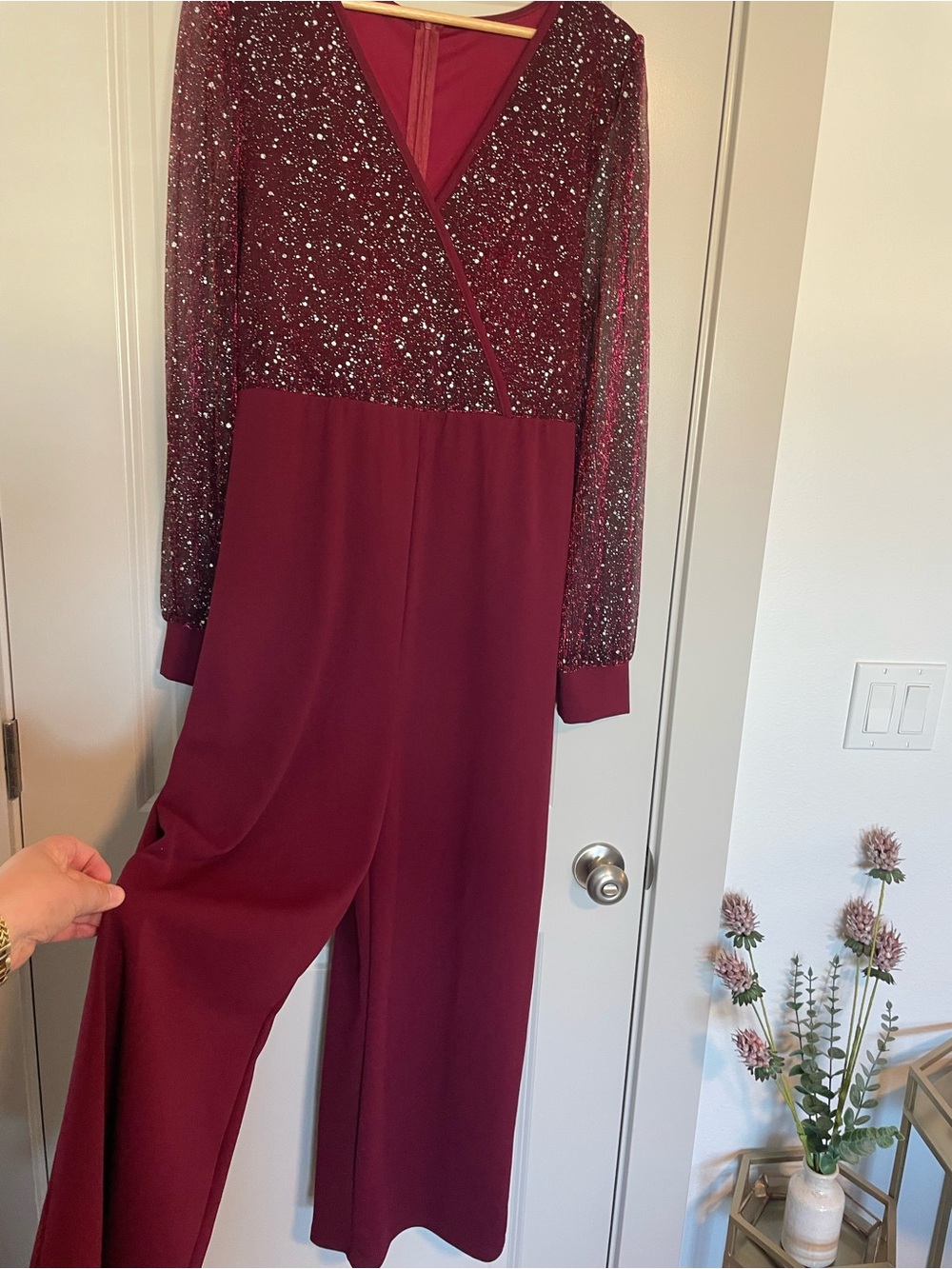 SHEIN Burgundy Sparkle Wrap Jumpsuit